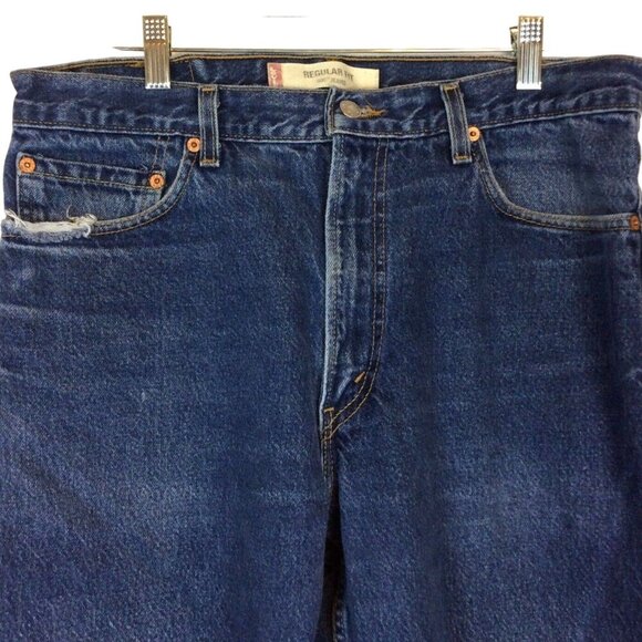Levis 505 Mens Regular Fit Jeans 36x30 Medium Blue Distressed Denim USA - Picture 2 of 12